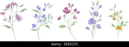 Blumenelemente in Aquarellfarben mit rosa, lila, blauen Blüten und grünen Blättern. Botanische handgemalte Sammlung isoliert auf weiß. Vektor-EPS. Stock Vektor