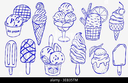 Blaues Tintenkritzelchen mit verschiedenen Eissorten auf hellem Hintergrund. Enthält Kegel, Eisbecher, Eis und Waffelschalen. Skizzenhafter Style, perfekt für Summen Stock Vektor