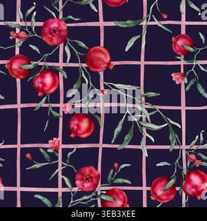 Nahtloses Muster mit Aquarellillustration von Granatapfel mit Blumen. Handgezeichneter Druck mit tropischen Fruchtzweigen mit Blättern auf isoliertem Rosa Stockfoto