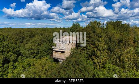 Drohnenblick auf den verlassenen militärischen Aussichtsturm im üppigen grünen Sommerwald Stockfoto