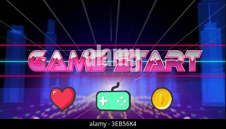 Der große NEONSPIEL-STARTTITEL dominiert die virtuelle Bühne und zeigt eine Pixel-Herz-Gamepad-Münze Stockfoto