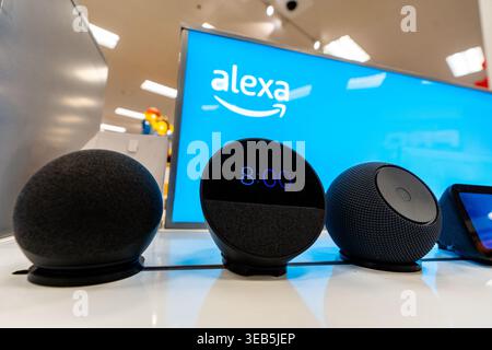 Amazon Alexa Smart Home-Geräte, Die Im Einzelhandelsregal Mit Echolautsprechern Und Produkten Der Sprachassistenten-Technologie Angezeigt Werden Stockfoto