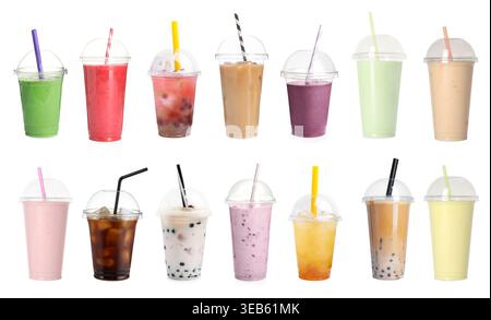 Verschiedene leckere Getränke in Plastikbechern isoliert auf weißer Collage Stockfoto