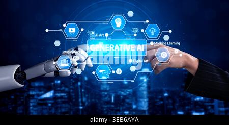 Ein visuell ansprechendes Konzept von einer menschlichen Hand und einer Roboterhand, die sich zueinander ausbreitet und die Synergie von Kreativität und Technologie in verkörpert Stockfoto