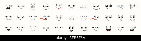 Verschiedene Gesichtsausdrücke eingestellt. Abstrakte, süße, ausdrucksstarke Emojis. Verspielte Charaktere mit Augen, skurrilem Lächeln oder traurigen Emotionen. Cartoon Face Kollektion Kritzelstil Ikonen handgezeichnete Ausdrücke Stock Vektor