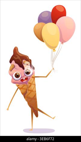 Eine fröhliche, farbenfrohe Eiskugel mit Schaufeln in der Hand. Eis, Kegel, Süßigkeiten, Freude, Spaß, Charakter, Ballons, Urlaub Stock Vektor