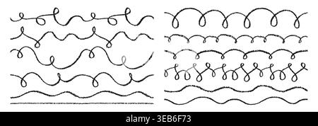 Nahtloses, welliges Design mit Kreide-Schriftstiften. Fließende Kreide, Bleistiftkurven und durchgehende Flickbewegungen. Doodle-Linien bilden gewellte abstrakte, kurvige Streifen. Dekorative Linienführung am Rand Stock Vektor