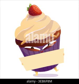 Vektor-Illustration eines fröhlichen Kuchens, der ein Schild hält. Kuchen, Charakter, Zeichen, Vektor, Freude, Spaß, Werbung, Vorlage Stock Vektor