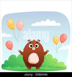 Der süße Vektor-Teddybär mit Ballons wünscht frohe Feiertage. Geeignet für Vorlagen, Werbung, Feiertage, Karten und Schreibwaren Stock Vektor