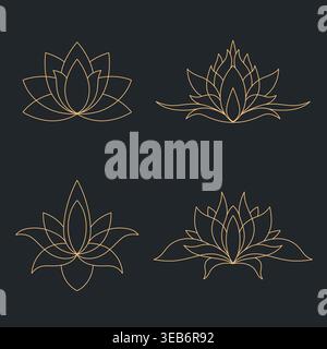 Set mit eleganten Lotusblüten-Kunstdesigns in Goldfarbe auf dunklem Hintergrund. Minimalistische Blumensymbole inspiriert von Yoga-Meditation und spirituellem Balanc Stock Vektor