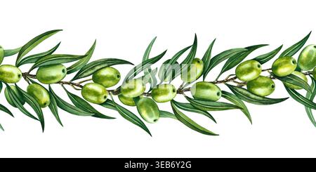 Nahtloser Rand mit Olivenzweigen, grünen Oliven und Blättern. Handgezeichnete Aquarellillustration. Perfekt für Textilien, Etiketten und Drucke, Dekor Stockfoto