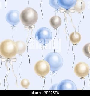 Aquarellballons in Blau, Beige und Grau auf einer langen Schnur. Nahtloses Muster auf blauem Hintergrund. Festliche Illustration zur Kindergeburt Stockfoto