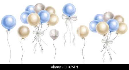 Nahtloser Rand aus blauen, grauen und beigen Ballons in einem Bündel. Handgemachte Aquarellillustration. Perfekt für Hintergrundbilder, Websites, Stoff Stockfoto