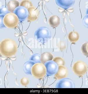 Handgemachte Aquarellpaptter für einen Geburtstag mit blauen, beigen und grauen Ballons in einem Bündel auf blauem Hintergrund. Festliche Illustration für Kinder-BI Stockfoto