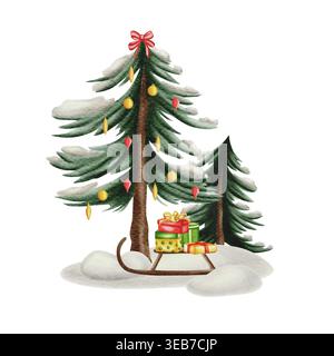 Ein schneebedeckter Weihnachtsbaum mit Ornamenten, einem Holzschlitten und Geschenken. Eine festliche Aquarellillustration eines Winterwaldes. Stockfoto