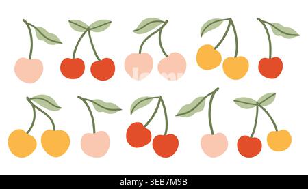 Bunte Vektor-Illustration von Kirschpaaren und einzelnen Beeren mit grünen Blättern. Süßes Sommerobst-Set im einfachen handgezeichneten Doodle-Stil mit Stock Vektor