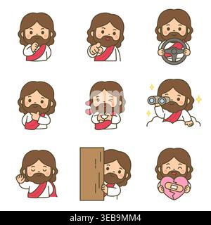 Niedlicher kawaii Jesus Christus Zeichentrickfiguren-Aufkleber mit verspielten täglichen Aktivitäten auf weißem Hintergrund Stock Vektor