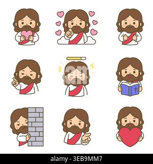 Niedlicher kawaii Jesus Christus Zeichentrickfiguren-Aufkleber mit verschiedenen Ausdrücken und Posen auf weißem Hintergrund Stock Vektor