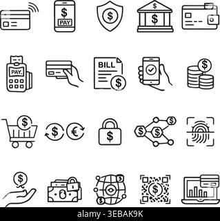 Digitale Finanz- und Zahlungssymbole mit dem qr-Code-Symbol des Einkaufswagens festlegen Kreditkarten-Debitkartentransaktion festlegen. Stock Vektor
