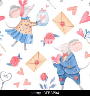 Aquarell valentinstag nahtloses Muster mit niedlichen Mäusen, Herzen und Liebesbriefen, Hand gezeichneter romantischer Illustration Hintergrund Stockfoto