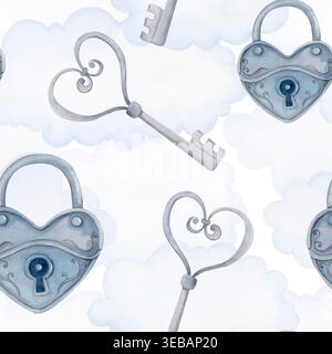 Nahtloses valentinstag-Muster mit Vintage-Schlüsseln und Herzschlössern auf Wolken, handgezeichnetes romantisches Design für Textil und Papier. Stockfoto
