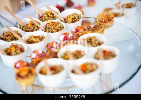 Catering, Vorspeisen, Essen, Gourmet, Veranstaltung, Snacks, Buffet, Party, kulinarische Köstlichkeiten, Fingerfood Stockfoto