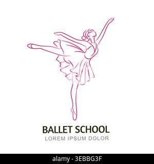 Ballett-Schullogo mit eleganter tanzender Ballerina. Minimalistische Linie Art Vektor Illustration eines Mädchens im Kleid isoliert auf weißem Hintergrund Stock Vektor