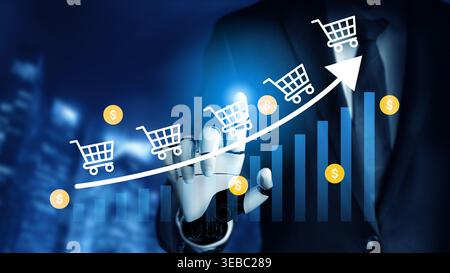 Ein Geschäftsmann arbeitet mit einer digitalen Schnittstelle, die eine steigende Grafik zeigt, die mit Einkaufswagen und Währungssymbolen verflochten ist und das Wachstum von e symbolisiert Stockfoto
