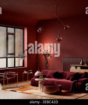 Luxuriöses dunkelrotes Wohnzimmer mit modernen Möbeln und dramatischer Beleuchtung, die eine elegante, stimmungsvolle Atmosphäre für zeitgenössische Innendekorationen schafft. 3 Stockfoto