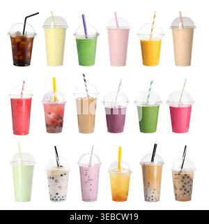 Verschiedene leckere Getränke in Plastikbechern isoliert auf weißer Collage Stockfoto