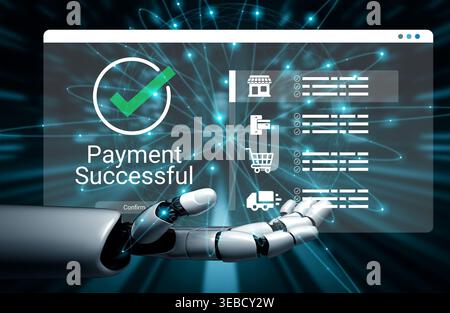 Eine Roboterhand interagiert mit einer digitalen Schnittstelle, die eine erfolgreiche Zahlungsbenachrichtigung anzeigt, mit Einkaufssymbolen, die den modernen E-Commerce repräsentieren Stockfoto