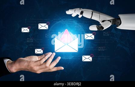 Ein KI-Assistent erkennt eine kritische Cybersicherheitsbedrohung und identifiziert eine Phishing-E-Mail im Posteingang. Dieses intelligente System gibt eine Warnung aus, um einen zu verhindern Stockfoto