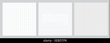 Set aus nahtlosen minimalistischen Papiermustern mit grauen Punkten, horizontalen Linien und quadratischen Gitterstrukturen auf weißem Hintergrund Stock Vektor
