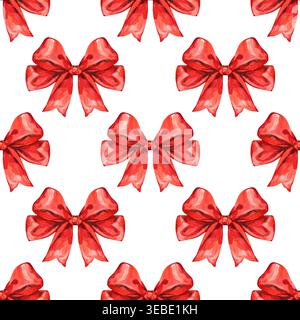 Handgezeichnetes Aquarellmuster mit festlichen roten Schleifen. Dieses lebhafte Weihnachtsdesign zeigt sich in sich wiederholenden Reihen eleganter karmesinfarbener Bänder mit Stockfoto
