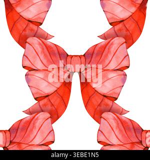 Handgezeichnetes Aquarellmuster mit eleganten roten Schleifen. Dieses festliche Weihnachtsdesign hat sich wiederholende Reihen großer, leuchtender karmesinfarbener Bänder mit Stockfoto