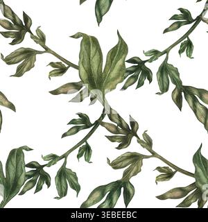 Nahtloses Blumenmuster mit größeren Blattelementen in einem weichen, sich wiederholenden Layout. Botanische Illustration mit weichem Aquarell. Organischer Fluss und Stockfoto
