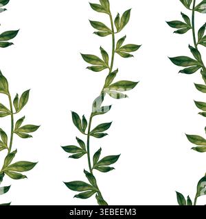 Strukturiertes, nahtloses Blumenmuster mit vertikalen Blattzweigen, die einen sanften, gestreiften Rhythmus bilden. Elegante, weiche, natürliche Textur und Ruhe Stockfoto