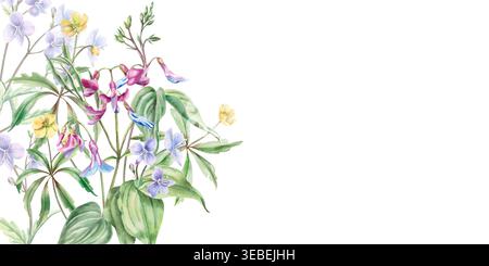 Ein rechteckiger Rahmen von Frühlingsblumen in gelb und violett-blau. Aquarellillustration für Design für Karten, Textilien, Hochzeiten, Natur-Websites Stockfoto