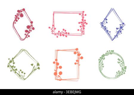 Sechs unterschiedliche Blumenrahmen sind auf einem sauberen weißen Hintergrund präsentiert. Stock Vektor