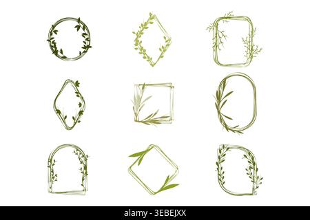 Mit neun verschiedenen grünen Blumenrahmen mit natürlichen Blättern und Astelementen. Diese künstlerischen Grenzen sind in verschiedenen Formen erhältlich, darunter Kreise, Quadrate und ovale für elegante Designs. Stock Vektor