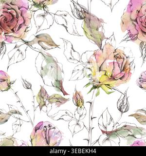 Weiche rosa und gelbe Teesosen, Blätter, Knospen. Handgezeichnete pastellfarbene Waschungen, elegante Bleistiftkonturen. Nahtlose Musterabbildung für Stockfoto