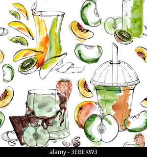 Nahtloses Muster aus grünem Smoothie, Matcha-Gläsern, exotischen Kiwi-Früchten, Pfirsichscheiben, Apfelbrei. Handgezeichnete Pinselstriche mit Aquarellfarben, Tintenkontur Stockfoto