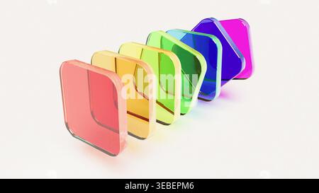 Farbige Regenbogenglaskästen auf weißem BG 3D-Rendering Stockfoto