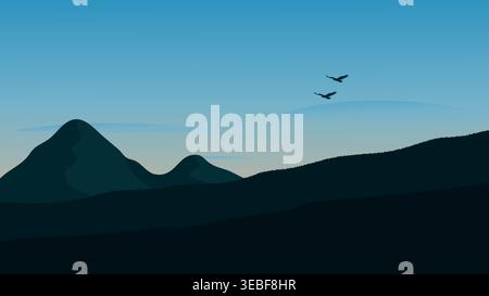 Ruhige Naturlandschaft mit mehrschichtigen Hügeln, Bergen und zwei fliegenden Vögeln Stock Vektor
