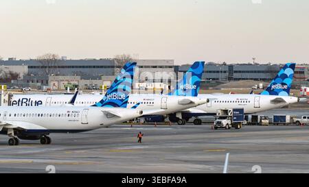 New York City, New York, USA - 24. Januar 2026: Reihe von Airbus-Passagierjets, die von JetBlue am Flughafen JFK betrieben werden Stockfoto