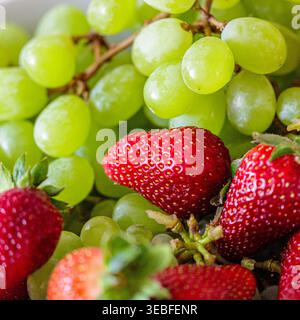 Makronaht reifer roter Erdbeere unter grünen Trauben mit geringer Schärfentiefe. Frische Sommerfrüchte, natürliches Licht, leuchtende Farben. Gesundheit Stockfoto