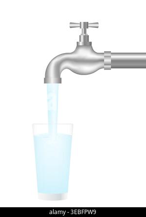 Wasserhahn oder Wasserhahn mit Wasser, das in das Glas fließt. Clean Water-Konzept. Vektorillustration isoliert auf weißem Hintergrund. Stock Vektor