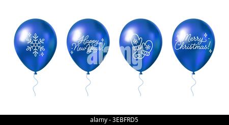 Set aus blauen holografischen Ballons mit Text zu Weihnachten und Neujahr und Wintersymbolen isoliert auf einem hellen Hintergrund Stock Vektor