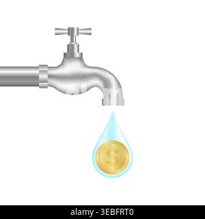 Wasserhahn mit Wassertropfen und Münze. Sparungs- und Investitionskonzept. Vektorabbildung. Stock Vektor