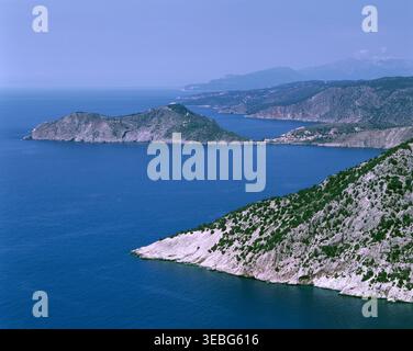 Griechenland. Ionische Inseln. Kephalonie. Luftaufnahme der Küste von Argostoli. Stockfoto